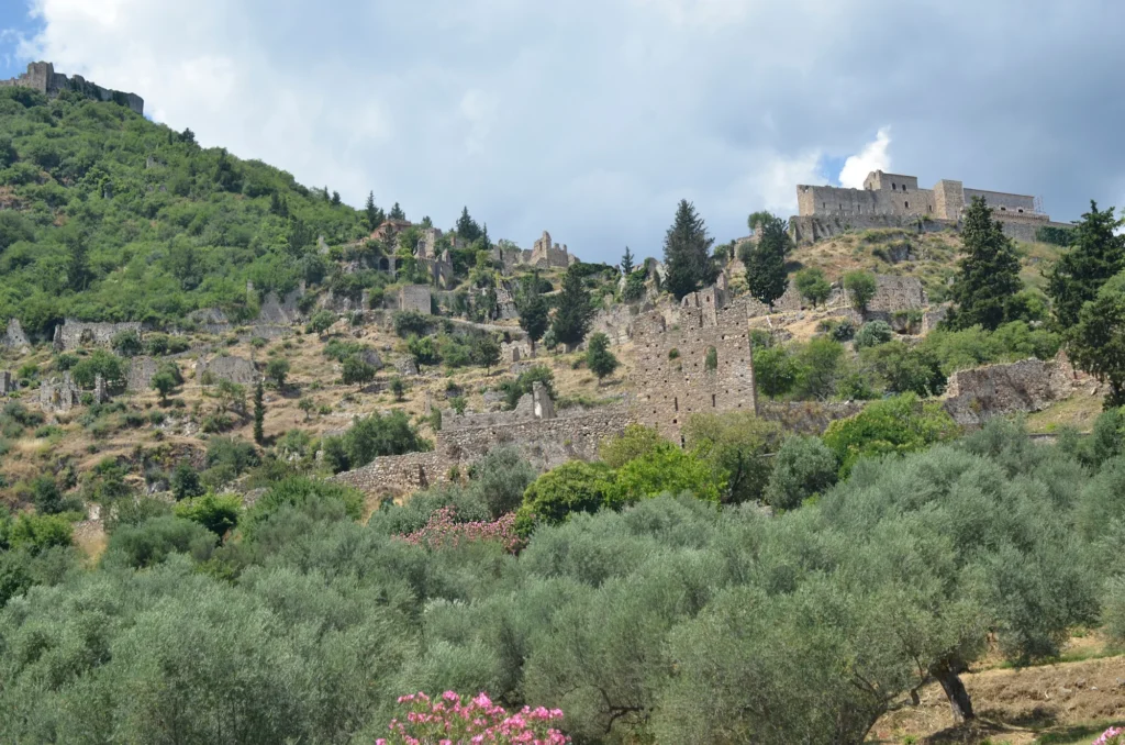 Terraced ruins of Mystras with the Palace of the Despots and hilltop citadel.