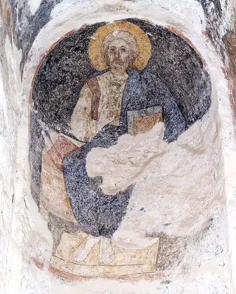 Fresco of Christ in the sanctuary apse of Hagia Sophia at Mystras