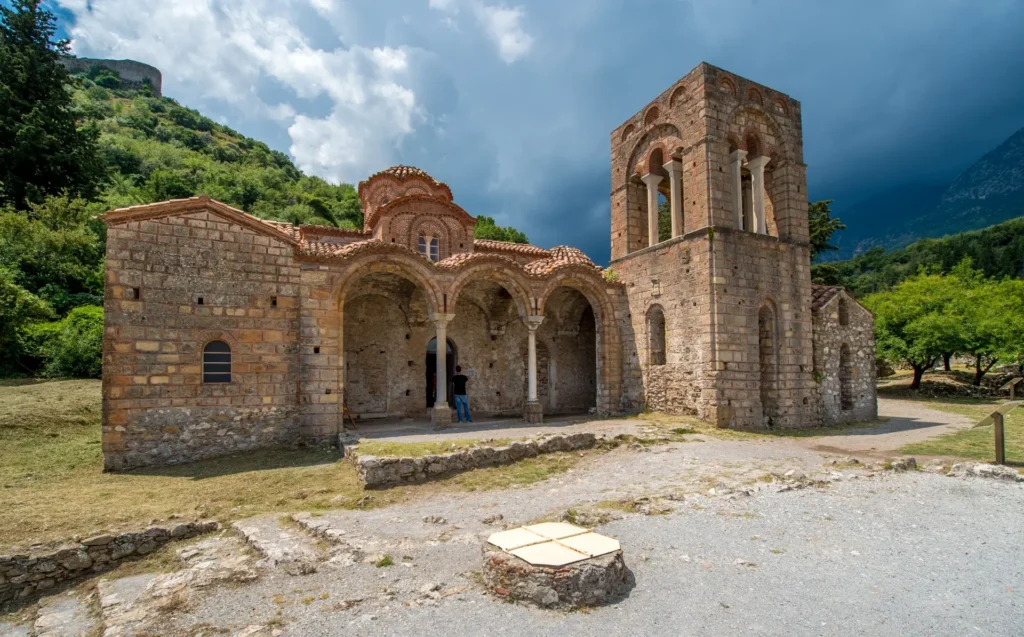 Hagia Sophia church and its bell tower in the Upper Town of Mystras