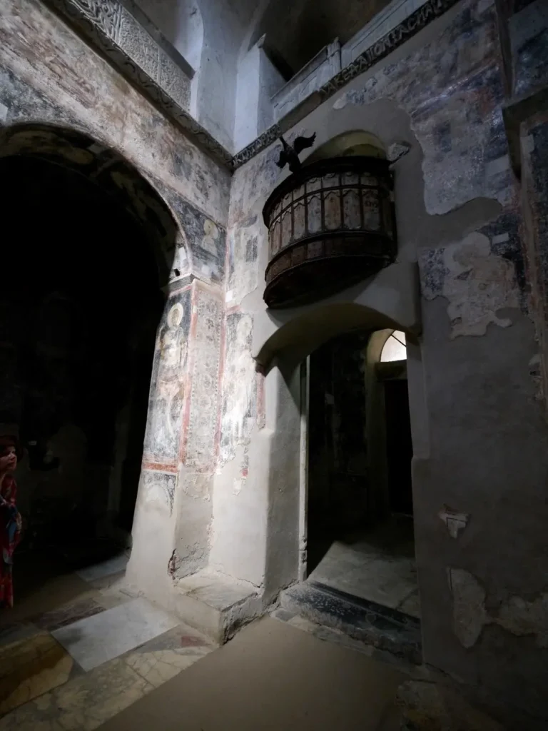 Interior of Saint Demetrios Cathedral in Mystras with surviving Byzantine wall paintings