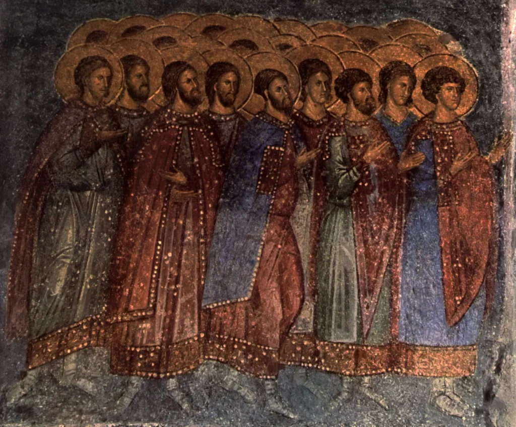 Fourteenth-century procession of martyrs fresco in the Hodegetria at Mystras