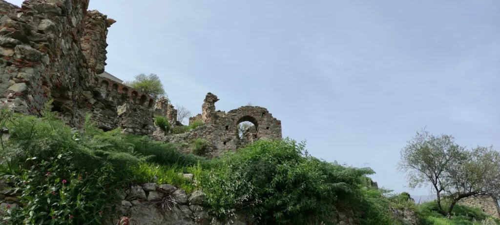 Arched stone ruins of medieval houses surrounded by spring vegetation in Mystras.