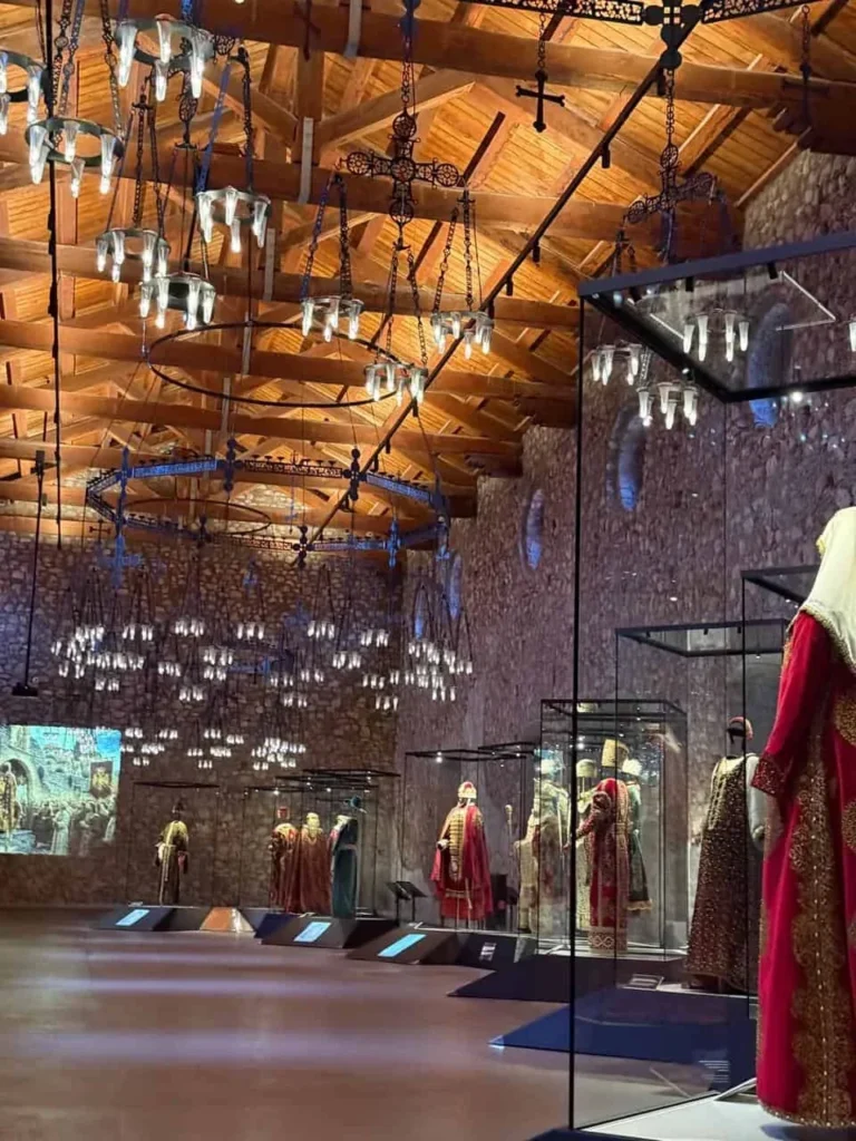 Restored exhibition hall with Byzantine costume displays at Mystras