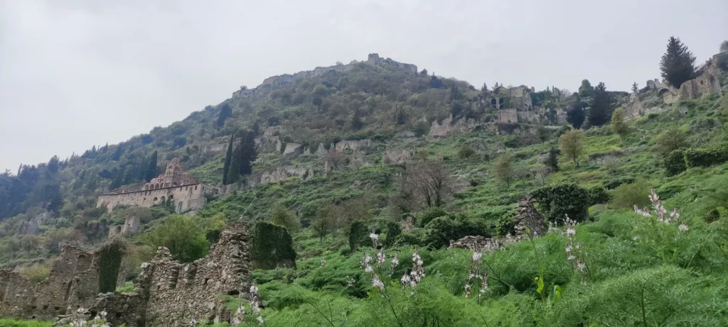 Pantanassa Monastery and the ruined hillside of Mystras beneath the summit citadel.