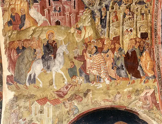 Entry into Jerusalem fresco at Pantanassa Monastery in Mystras