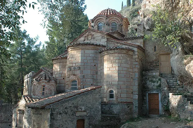 Church of Peribleptos built into the rocky slope of Mystras