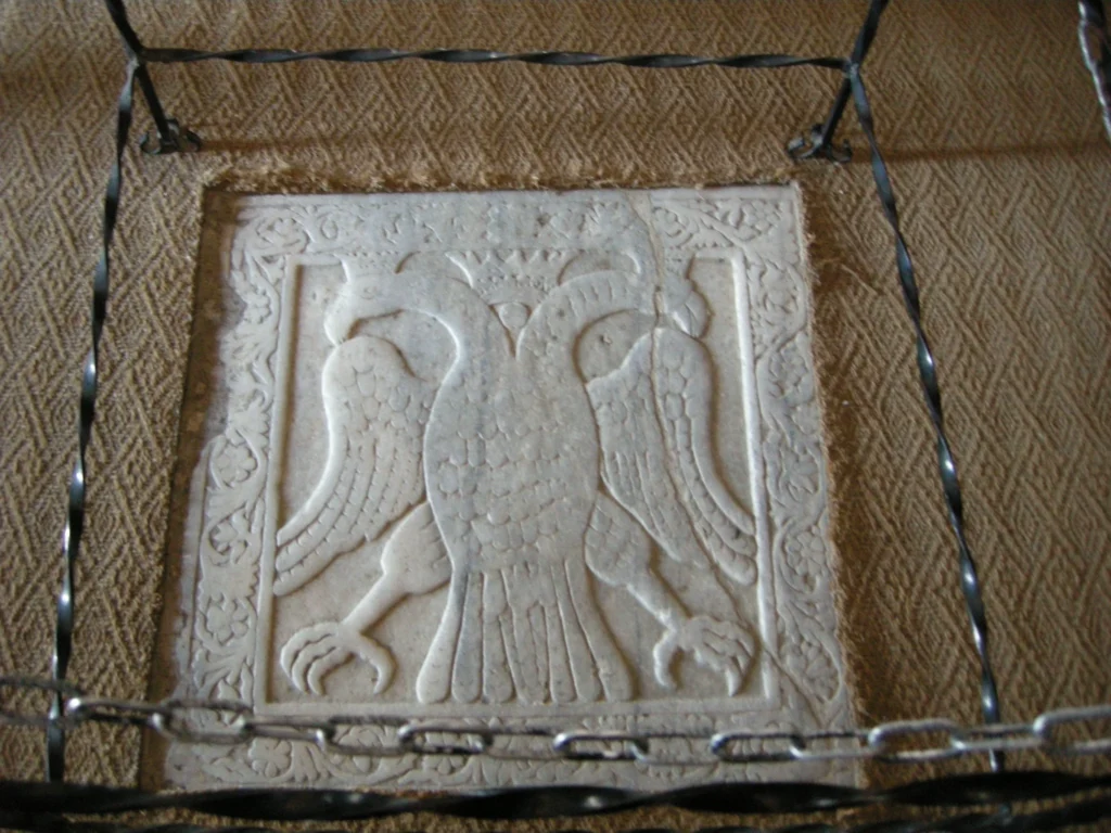 Close-up of the marble double-headed eagle in Saint Demetrios at Mystras