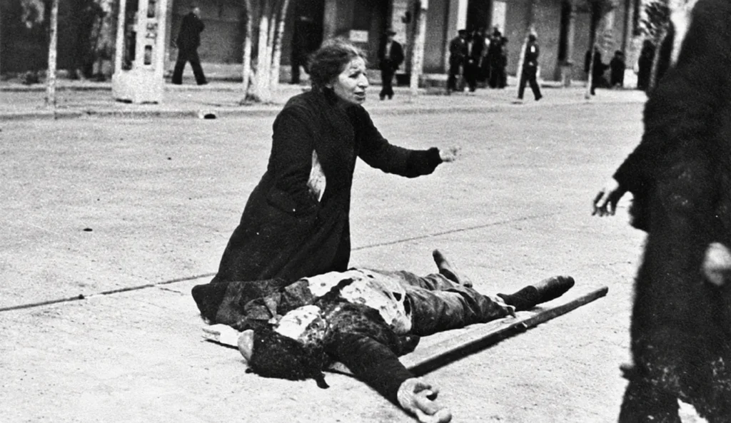 Katina Toussi mourning over the body of her son, Tasos Toussis, during the workers’ demonstrations in Thessaloniki in May 1936.