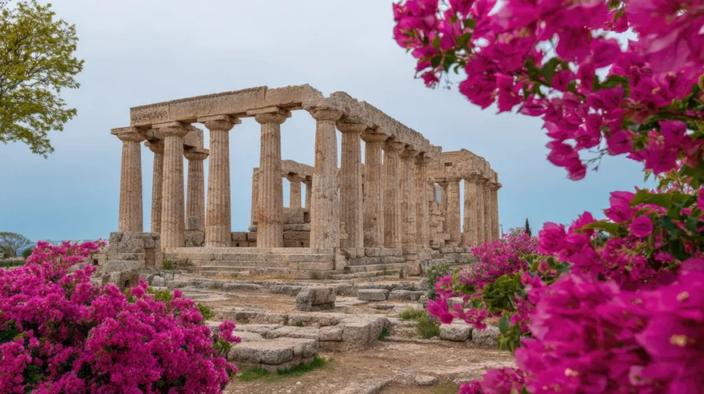 Ancient temple columns framed by pink bougainvillea.