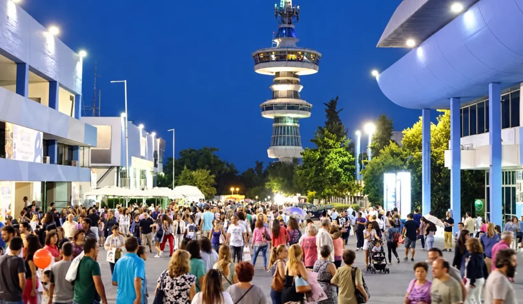 Visitors at the Thessaloniki International Fair with the illuminated OTE Tower at night