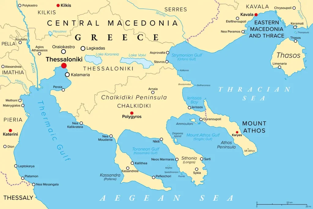 Map showing Thessaloniki on the Thermaic Gulf in Central Macedonia, northern Greece.
