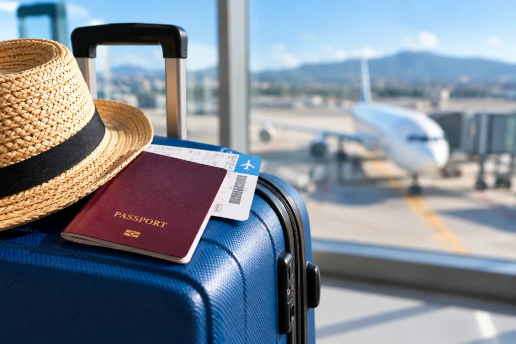 Passport, suitcase and boarding pass at an airport before a flight