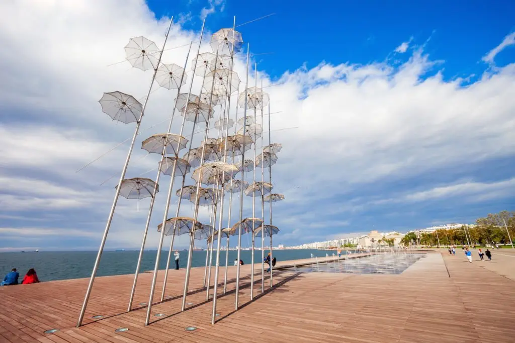 The Umbrellas sculpture by George Zongolopoulos on Thessaloniki’s waterfront beside the Thermaic Gulf