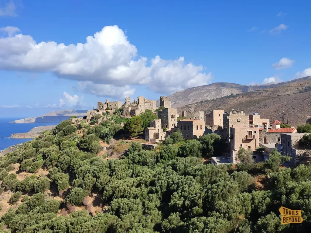 Traditional stone tower houses in Vatheia, Mani, overlooking the sea