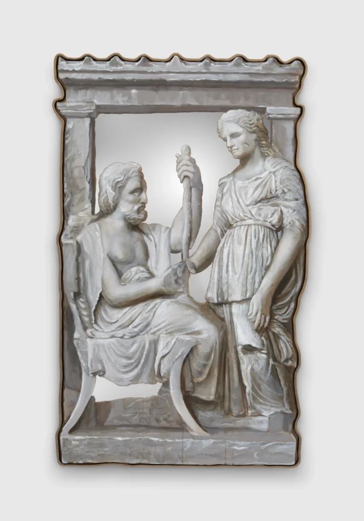 Rachel Feinstein’s Plato’s Brother, a mirror painting showing a seated man and a standing woman within a stele-shaped frame.