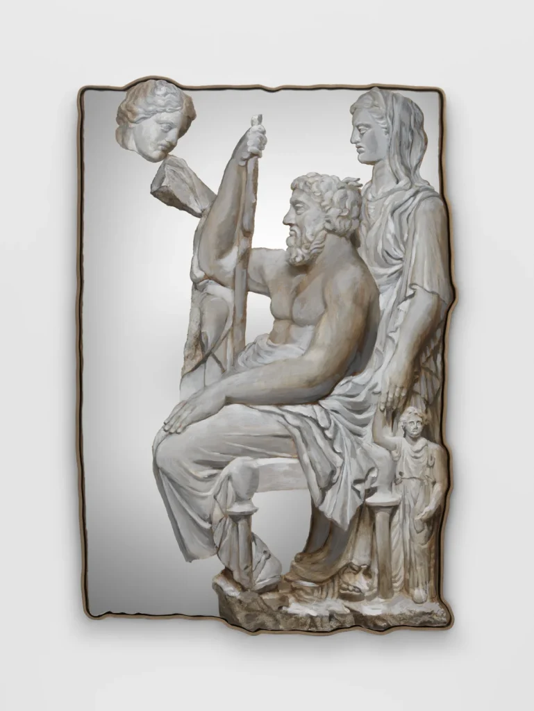 Rachel Feinstein’s Family, a mirror painting depicting a seated bearded man surrounded by standing figures.