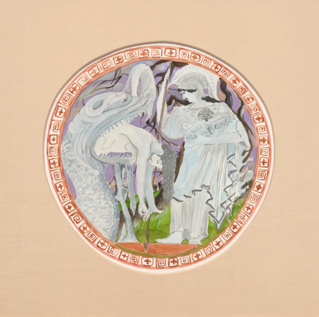 Rachel Feinstein’s Athena and Jason, a circular watercolour showing Athena beside a dragon and a hanging male figure.