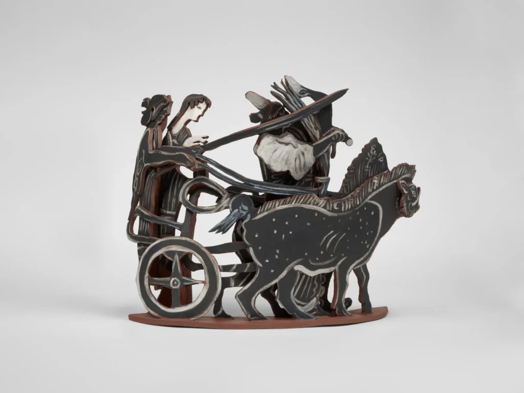 Rachel Feinstein’s Paradigm of Marriage, a terracotta sculpture with interlocking figures inspired by ancient vase imagery.