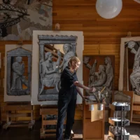 Rachel Feinstein working on her Stele Mirror Paintings in her studio in Mount Desert, Maine.