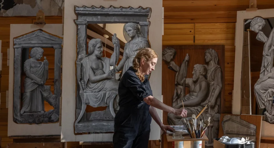 Rachel Feinstein working on her Stele Mirror Paintings in her studio in Mount Desert, Maine.