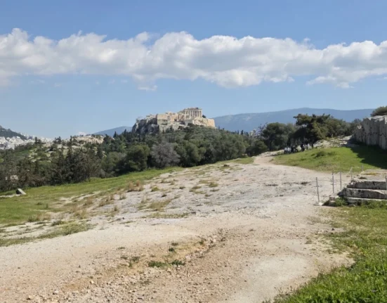 he ancient Pnyx assembly ground in Athens, with the Acropolis and Parthenon in the background.