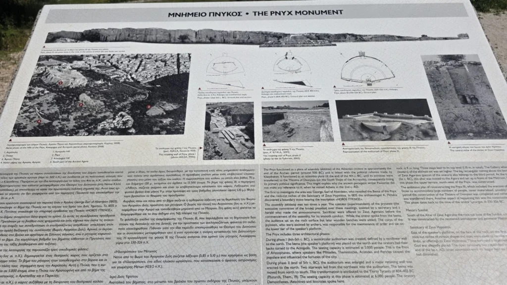 Archaeological information panel explaining the different building phases of the Pnyx