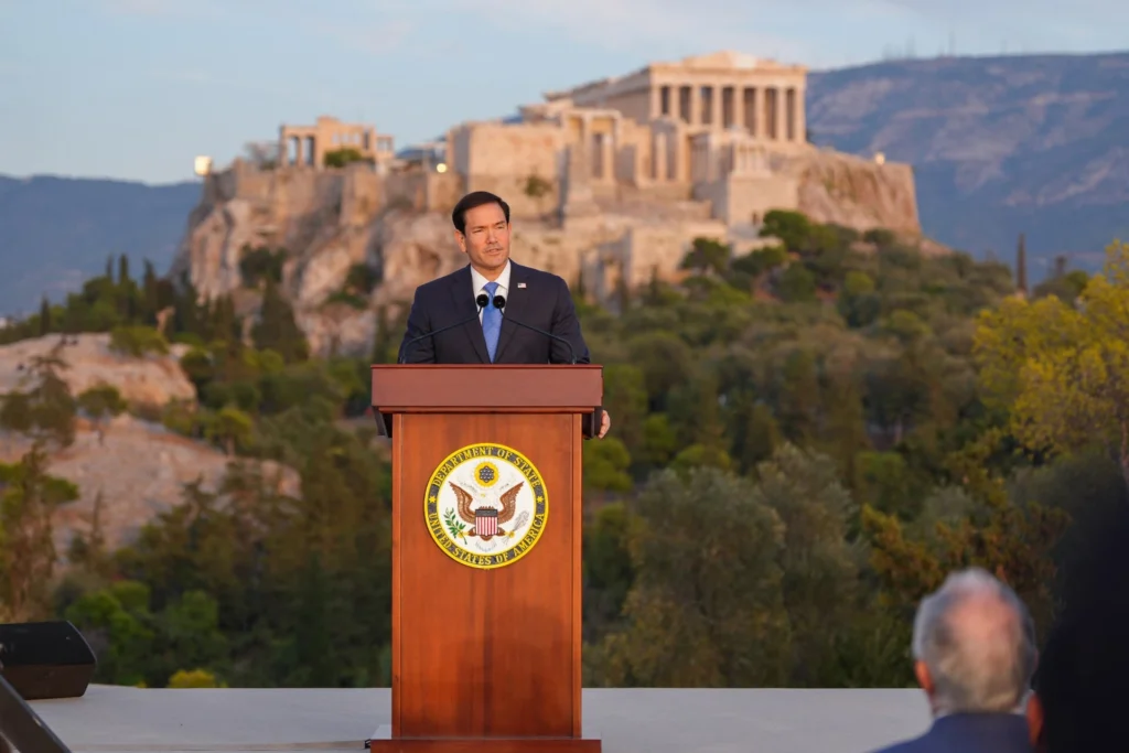 US Secretary of State Marco Rubio at a podium with the Acropolis behind him, Pnyx, October 2026