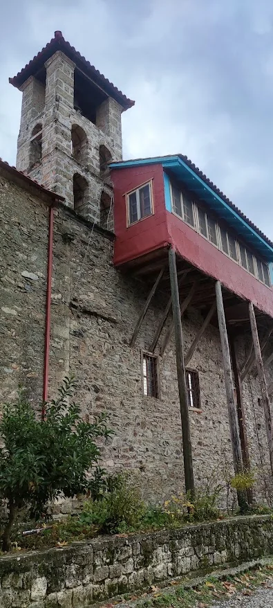 Bell tower and wooden gallery at the Monastery of Agios Georgios in Feneos