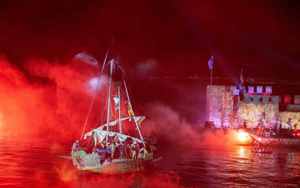 Galley entering the Venetian harbour during the 2025 Battle of Lepanto re-enactment in Nafpaktos