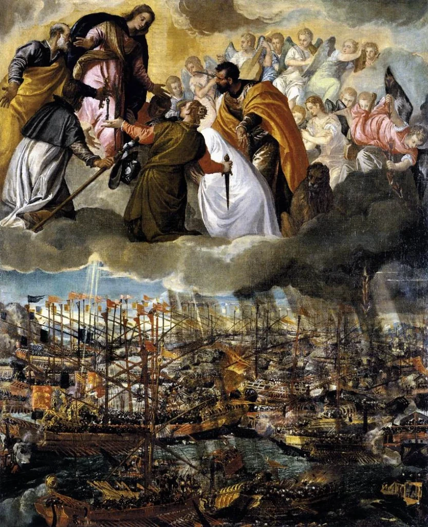 Paolo Veronese's Battle of Lepanto, c. 1572, with four saints appealing to the Virgin above the naval battle
