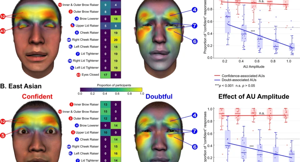Scientific illustration comparing facial movements associated with confidence and doubt among British and Chinese participants.