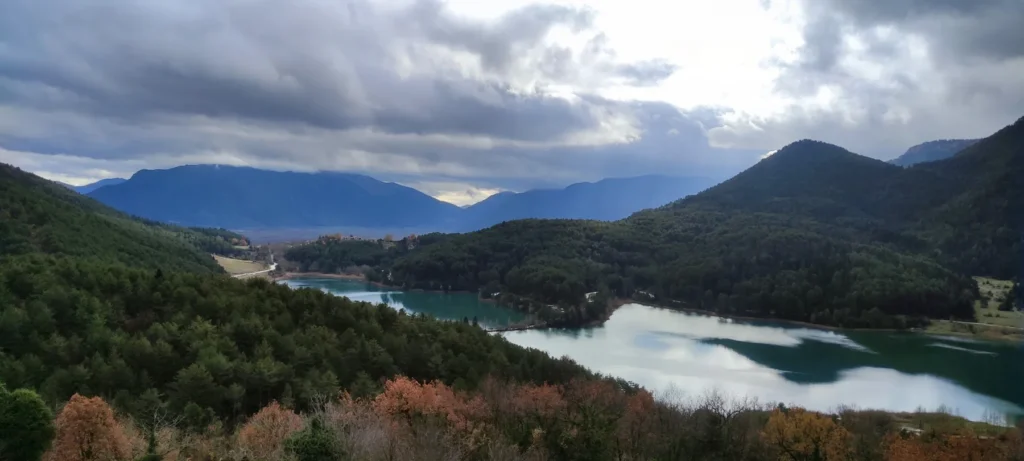 Elevated autumn view of Lake Doxa and Feneos