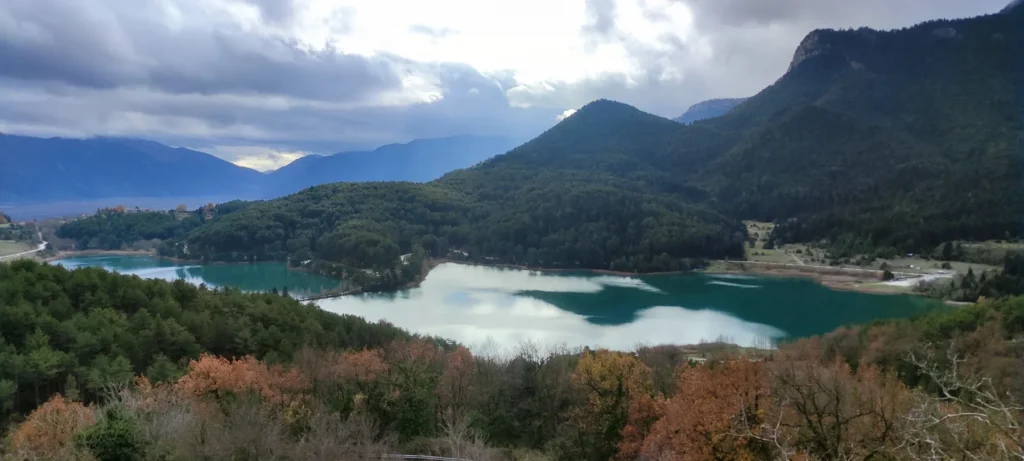 Panoramic autumn view of Lake Doxa and the mountains of Feneos