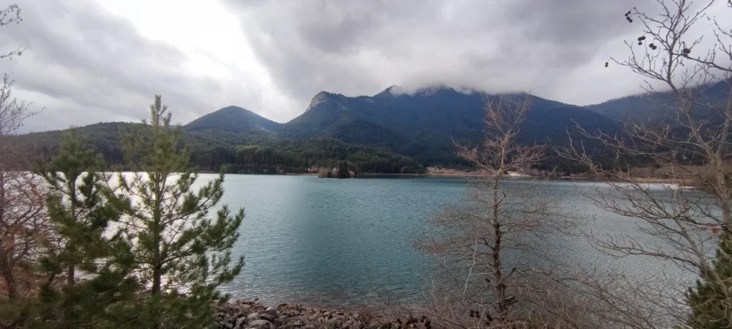 Lake Doxa framed by pine trees in autumn
