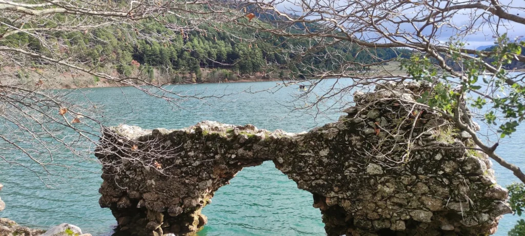 Stone remains of the old Monastery of Agios Georgios beside Lake Doxa