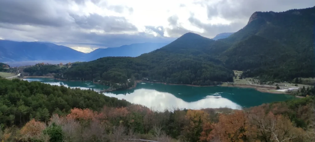 Wide panorama of Lake Doxa from the monastery road