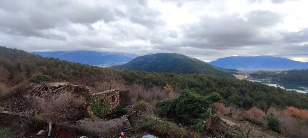 Ruined stone building in the hills above Lake Doxa